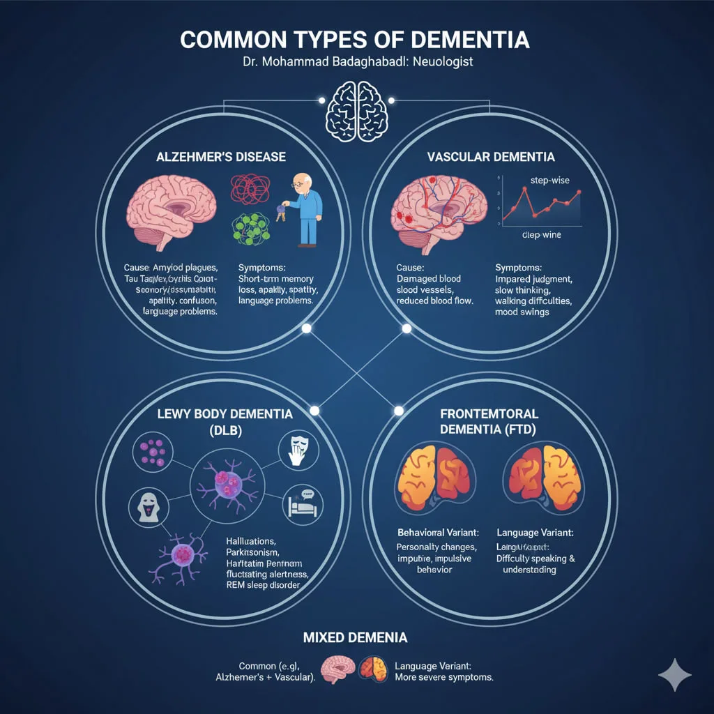انواع شایع دمانس و اختلالات حافظهد<br />
دکتر محمد بداغ آبادی بهترین متخصص مغز و اعصاب سالمندی